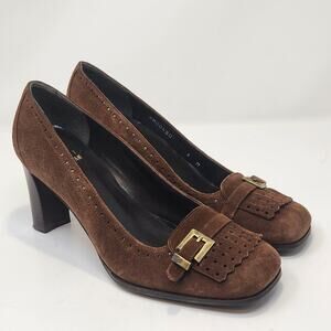 Stuart Weitzman Brown Suede Classic Pumps Women Size 6M Oxford Kiltie Square Toe